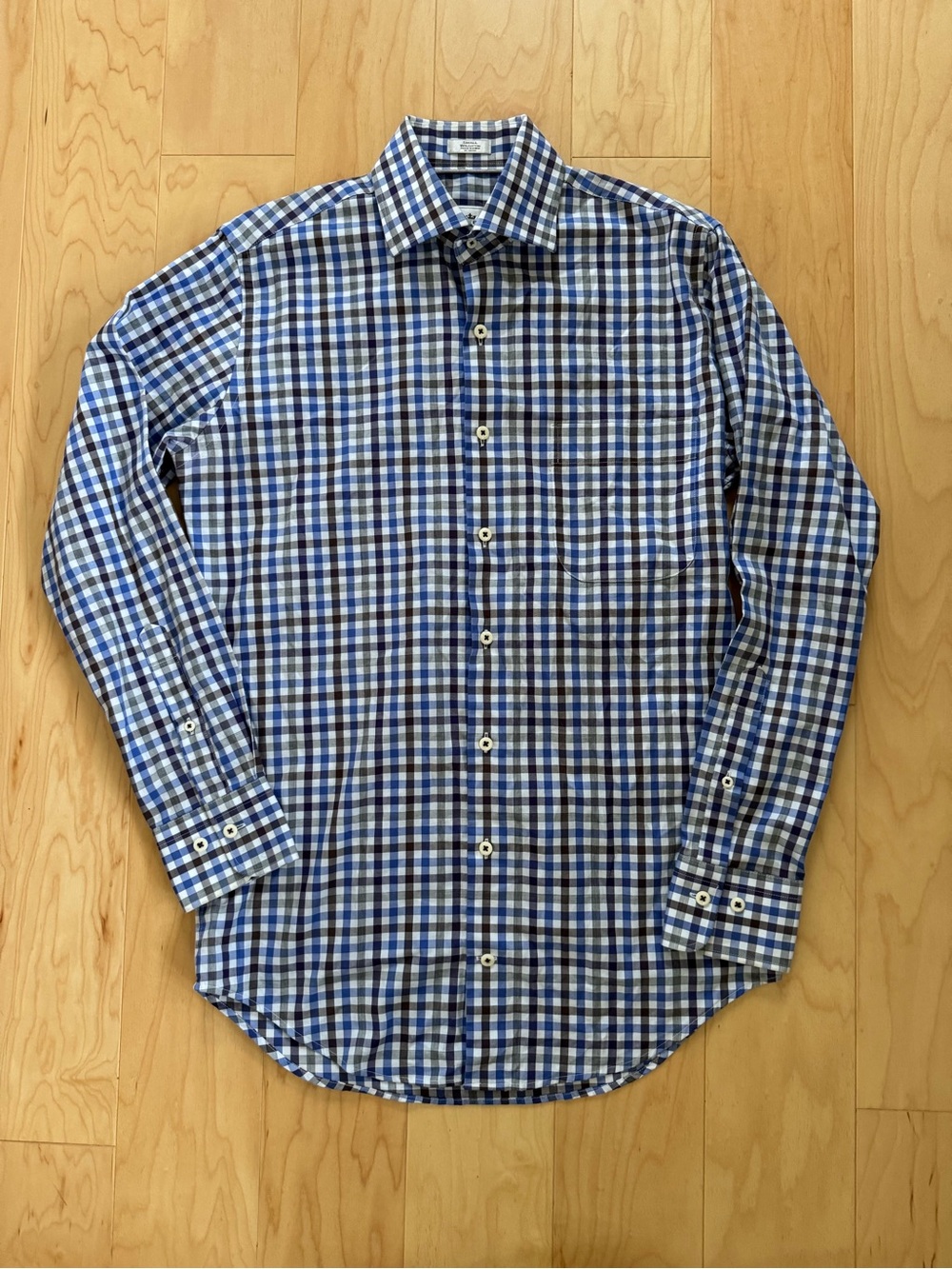 Peter Millar Men’s Small Long Sleeve Blue Brown Plaid Button Down Cotton Shirt